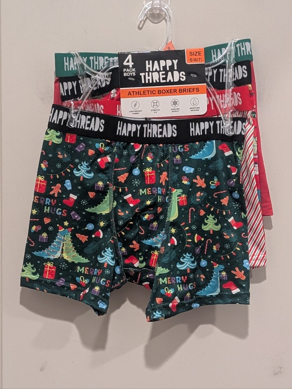 Happy Threads Boys' Green Holiday Print Boxer Briefs - 4 Pack S (6/7)